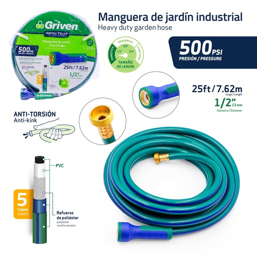 [GVM-PH5-25FT] Manguera de Jardin Industrial 1/2" X 25ft GRIVEN