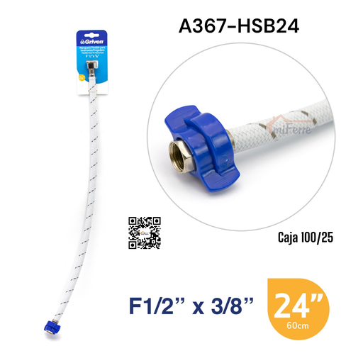 [A367-HSB24] Tubo de Abasto para Lavamanos y Fregadero 1/2 X 3/8 X 24" GRIVEN
