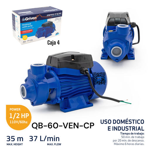 [QB-60-VEN-CP] Bomba Periferica para Agua 1/2HP GRIVEN