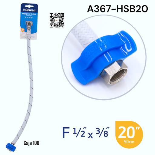 [A367-HSB20] Manguera Flexible para Lavamano y Fregadero 1/2 X 3/8 X 20" GRIVEN