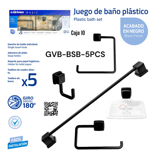 [GVB-BSB-5PCS] Juego de Baño Plastico 5pza GRIVEN Black Series