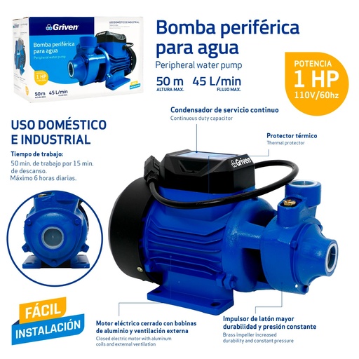 [QB-80-VEN] Bomba Periferica para Agua 1HP GRIVEN