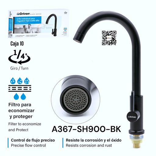 [A367-SH900-BK] Grifo Individual para Fregadero Tipo Cuello Alto GRIVEN Black Series