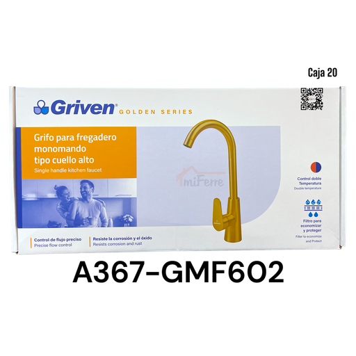 [A367-GMF602] Grifo para Fregadero Monomando Tipo Cuello Alto GRIVEN Golden Series