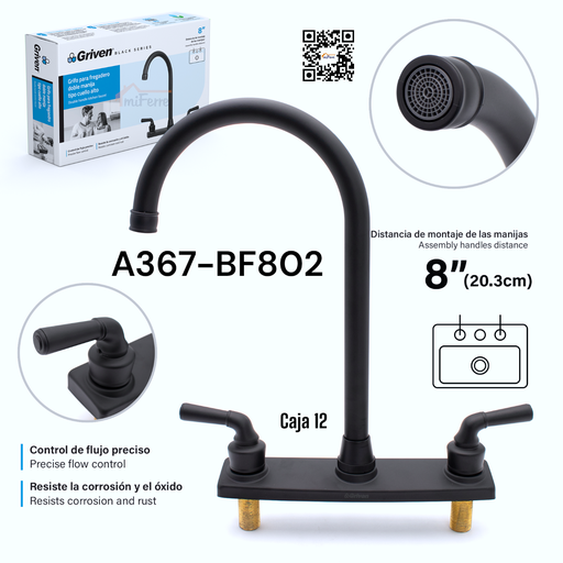 [A367-BF802] Grifo para Fregadero Doble Manija Tipo Cuello Alto GRIVEN Black Series