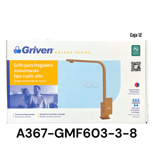 [A367-GMF603-3-8] Grifo para Fregadero Monomando Tipo Cuello Alto GRIVEN Golden Series