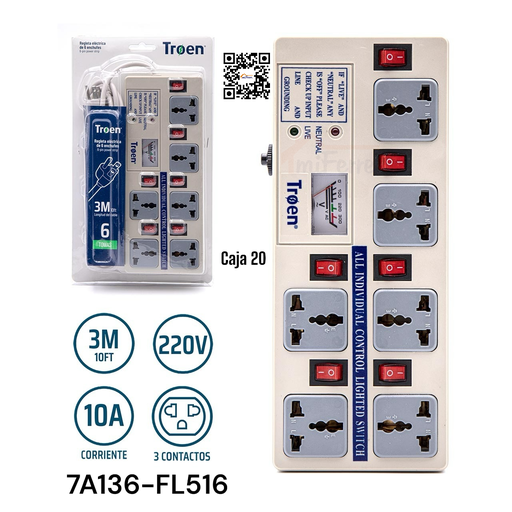 [7A136-FL516] Regleta Electrica de 6 Enchufes TROEN