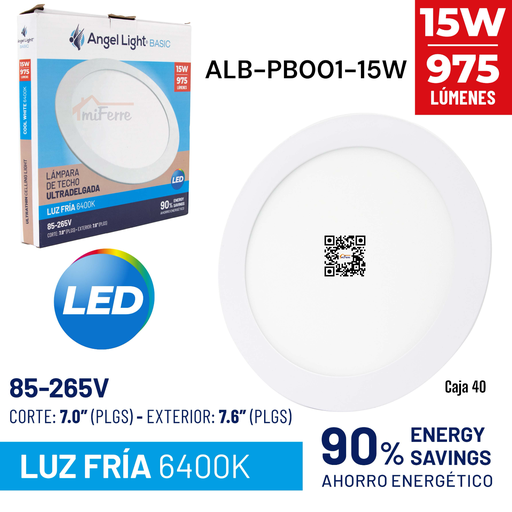 [ALB-PB001-15W] Lampara Led de Techo Ultradelgada Redonda 15W 6400K ANGEL LIGHT Basic