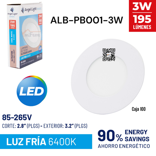 [ALB-PB001-3W] Lampara Led de Techo Ultradelgada Redonda 3W 6400K ANGEL LIGHT Basic