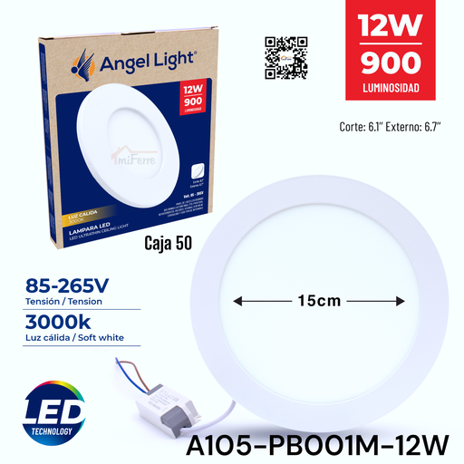 [A105-PB001M-12W] Lampara Led Redonda 12W 3000K ANGEL LIGHT