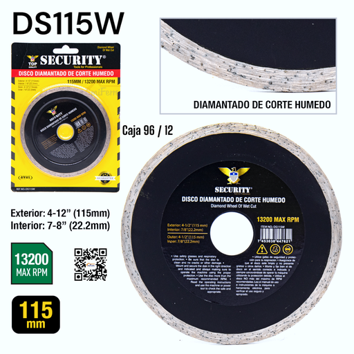 [DS115W] Disco Diamantado de Corte Humedo 4-1/2" SECURITY