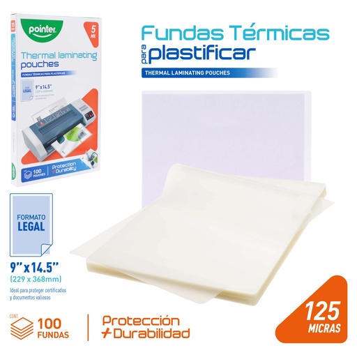 [YL-229368-2] Laminas para Plastificar 9 X 14" 125micras 100pza POINTER