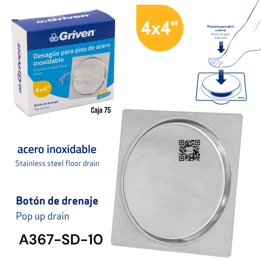 [A367-SD-10] Desague para Piso de Acero Inoxidable Pop Up GRIVEN