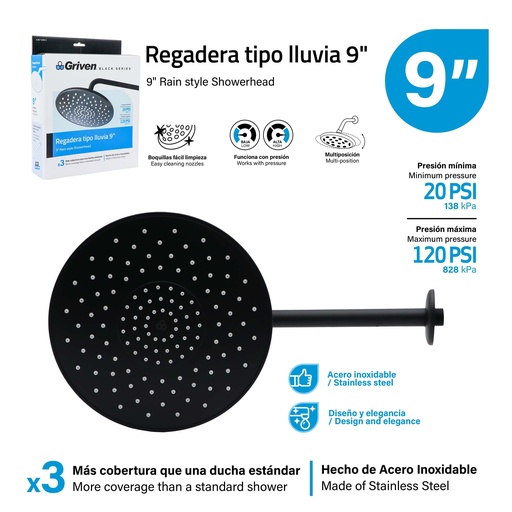 [A367-SHB-3] Regadera Tipo Lluvia 9" GRIVEN Black Series
