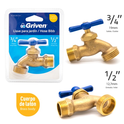 [HC-B120G-3-4] Llave de Chorro 1/2 a 3/4" GRIVEN